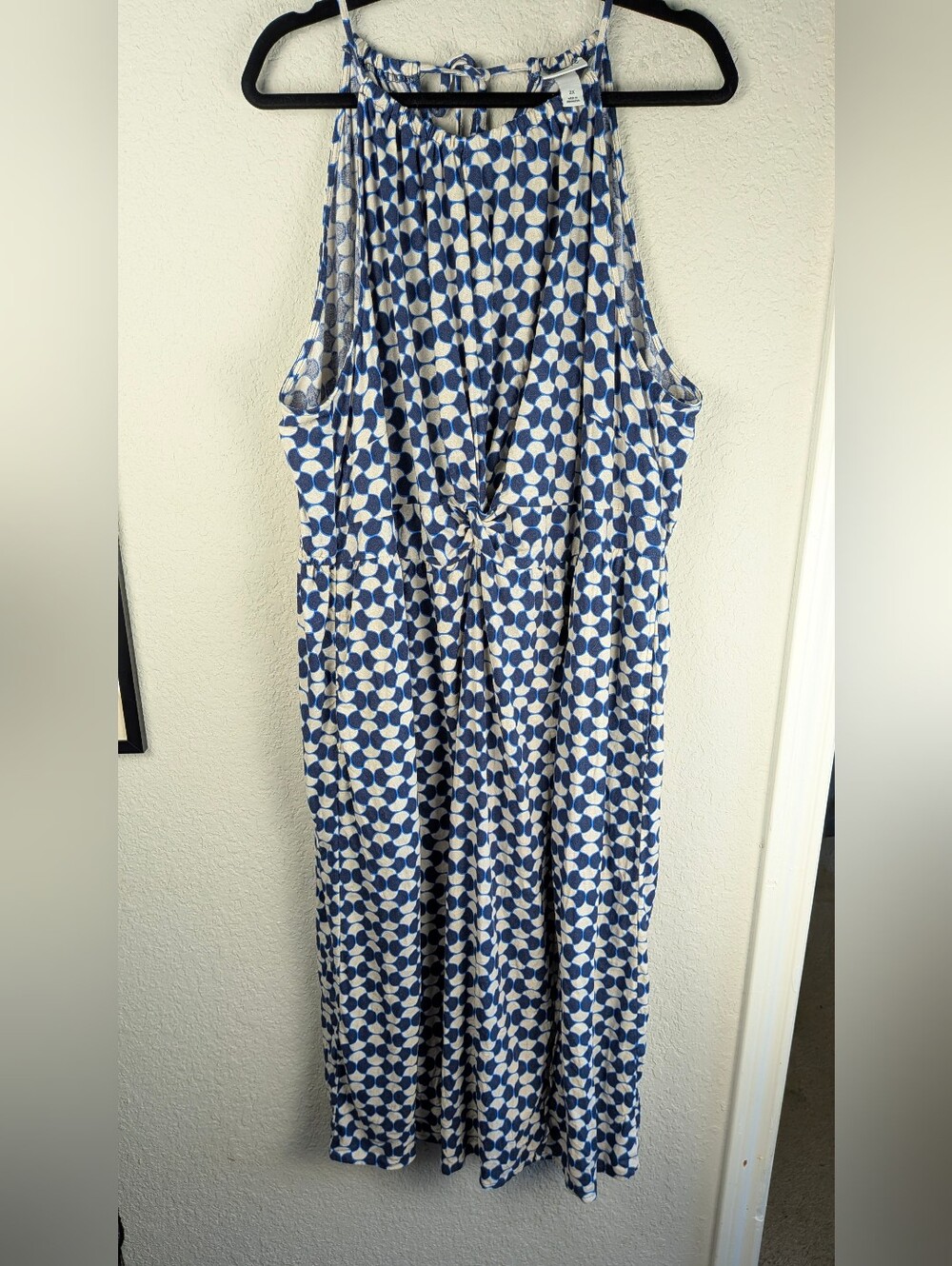 Ava & Viv Halter Midi Dress 2X Blue Geo Print Linen Blend Pockets Boho Resort